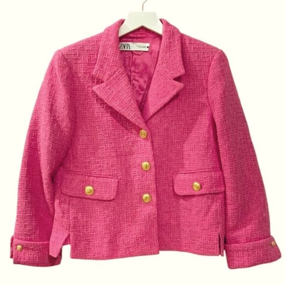 Zara Women's S Pink Fuchsia Tweed Textured Weave Blazer with Gold Buttons Accent - Picture 5 of 11
